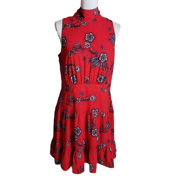 Eliza J Red Floral Print Mini Dress Size 14 Mock Neck Open Back Bow Feminine - Picture 1 of 15